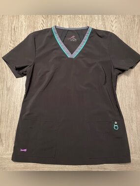 Lynx women’s scrub top, black with green collar detail, medium